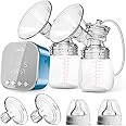 Double Electric Breast Pump Strong Suction, Portable Breast Pump Electric Breastfeeding Pump, Rechargeable Milk Pump with 4 Modes & 9 Levels, Low Noise, Anti-Backflow & LED Display, 24mm Flange, Blue