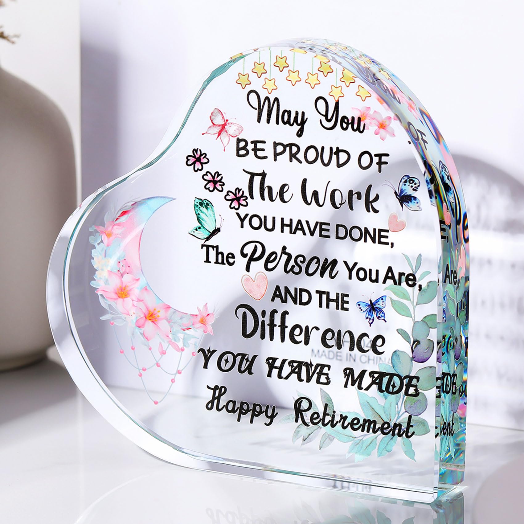Ornalrist Retirement Gifts for Women Men, Glass Heart Colourful Plaque Leaving Gifts for Teacher Coworkers Happy Retirement Keepsake Decorative Ornaments