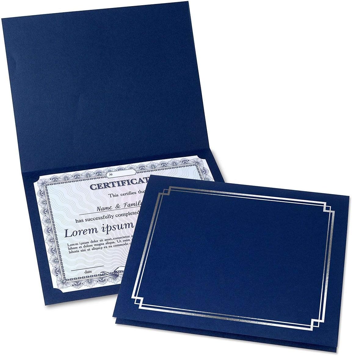 Classic Blue & Silver Certificate Folders - Pack of 25, Linen Cover 80 lb. Stock, Folded, Die-Cut Corners, for Office, Business Awards, Graduation, School Diploma Holder, 9-1/2" x 12"