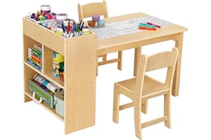 OOOK Kids Art Table and 2 Chairs, Toddler Activity Table with Large Storage Shelves, Wood Activity Desk for Writing Drawing Suitable for Playrooms & Classroom