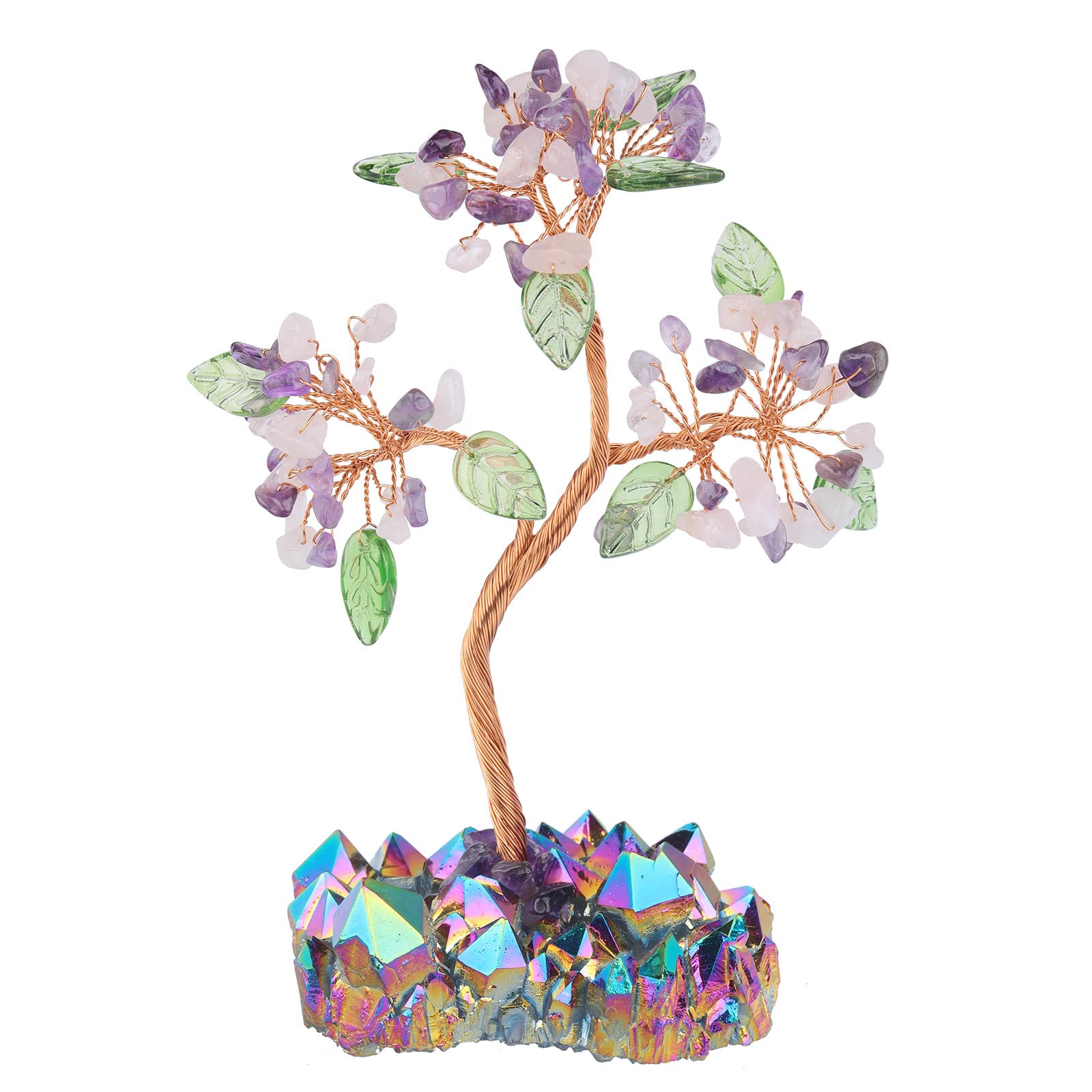 mookaitedecor Amethyst & Rose Quartz Crystal Tree of Life with Rainbow Titanium Quartz Crystal Base Feng Shui Ornament Good Luck Crystal Colourful Room Decor, Bonsai Tree Rainbow Aura Quartz Gift