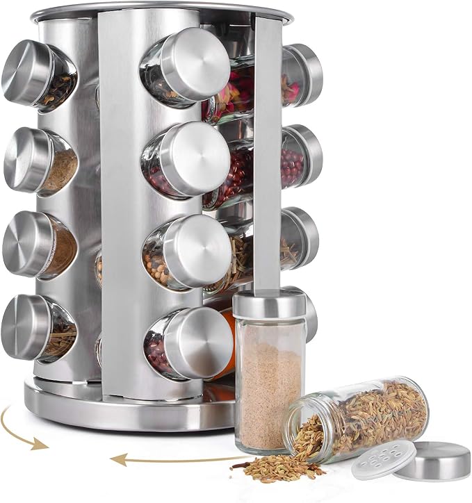 Rotating Spice Rack with 16 Empty Glass Spice Jars, Revolving Spice