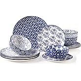 Sweejar Plates and Bowls Set for 4, 12 Pieces Handmade Ceramic Dinnerware Sets, Highly Scratch Resistant Dishes Set for Kitchen, Porcelain Dishwasher & Microwave Safe Dishes Set (Vintage Blue)