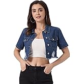 Allegra K Cropped Denim Jacket for Women's Short Sleeve Button Down Frayed Short Jeans Jackets