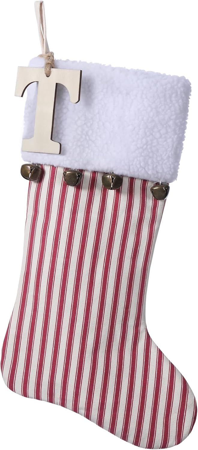 Stockings & Holders - JKSVE 19.5 inch Red Vertical Stripe Christmas Stocking w/Bells, Personalized Wooden Initial Monogram Christmas Stocking, Holiday Xmas Party Decorations (T)