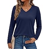 SMENG Women's Long Sleeve Shirts V Neck Cotton Blend T-Shirt Solid Color Breathable Comfy Basic Tee