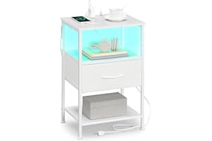 SONGMICS BELLAH Collection - Nightstand with Charging Station and App-Controlled Adjustable LED Lights, Bed Side Table, 1 Dra