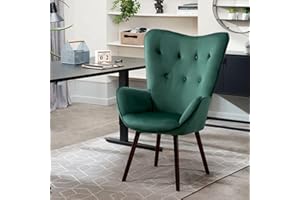 FurnitureR Modern Wingback Velvet Lounges Chaise Tufted Armchair with Upholstery Tall Back -Desk, Solid Wood Legs for Living Bedroom Waiting Room Leisure Accent Chair, Dark Green