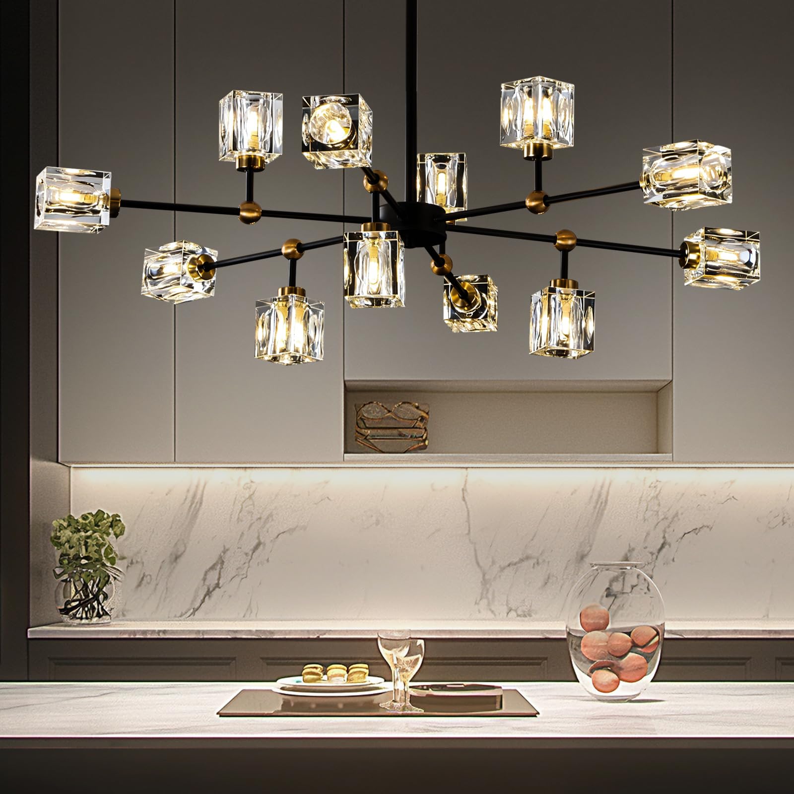 Photo 1 of LIXDRASK 12-Light Black Crystal Chandelier Modern Sputnik Chandeliers for Dining Room Adjustable Height Sputnik Ceiling Light Fixture for Living Room Kitchen Island Bedroom