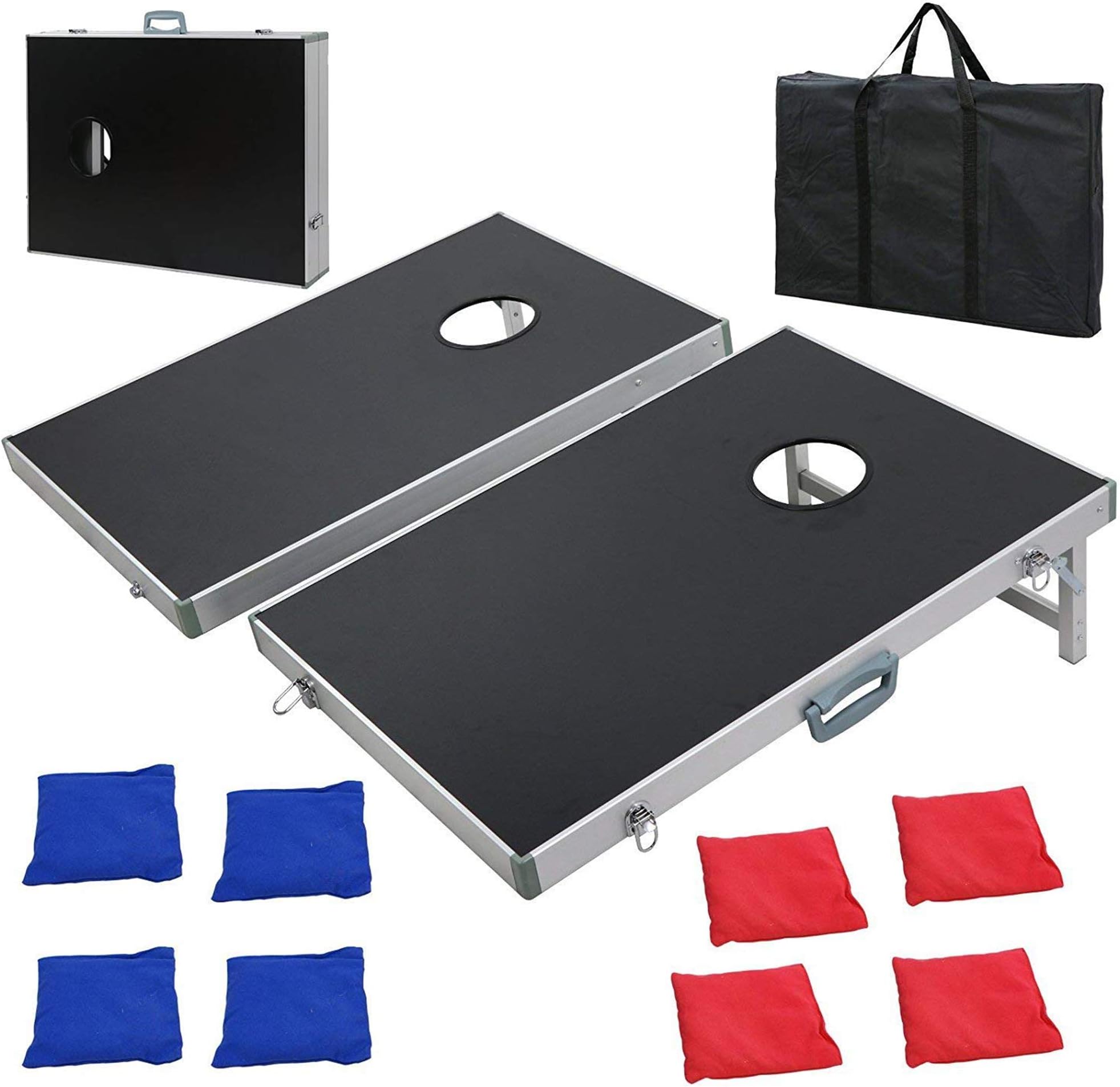 F2C Portable Aluminum/Wooden/PVC Framed Bean Bag Cornhole Toss Game Set Board 3FT 2FT/4FT 2FT W/ 8 Bean Bags& Carrying Case| Original Black, Classic Red& Blue to Choose