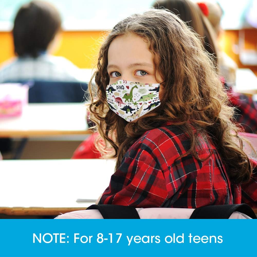 5 Pcs Big Kids Bandana with Cute Pattern Reusable Cloth Kids Face Bandanas Covering Set for Teens Boys Girls Ages 8-17 (Dinosaur): Clothing