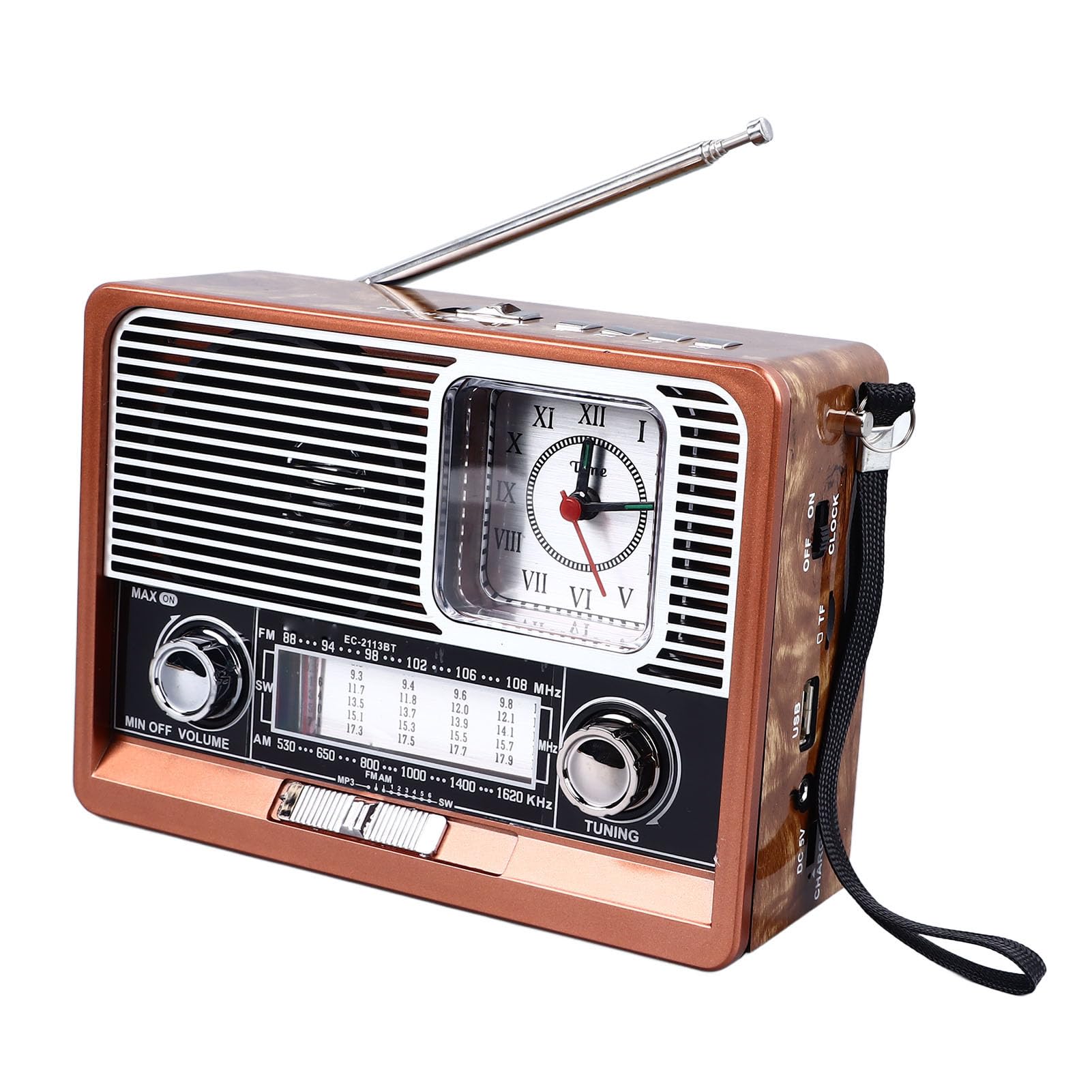 Retro BT FM AM SW Radio, Vintage Portable Multifunctional Radio, with LED Flashlight, Clock, USB Memory Card Music Player Function