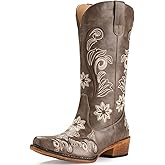 IUV Cowboy Boots For Women Mid Calf Cowgirl Boots Embroidered Pull-On Tabs Snip Toe Boot