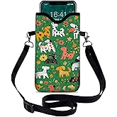 otilil Neoprene Cell Phone Sleeve Pouch Case Bag with Crossbody Strap Neck Lanyard for Women 7.1 X 3.9 in Green Dog