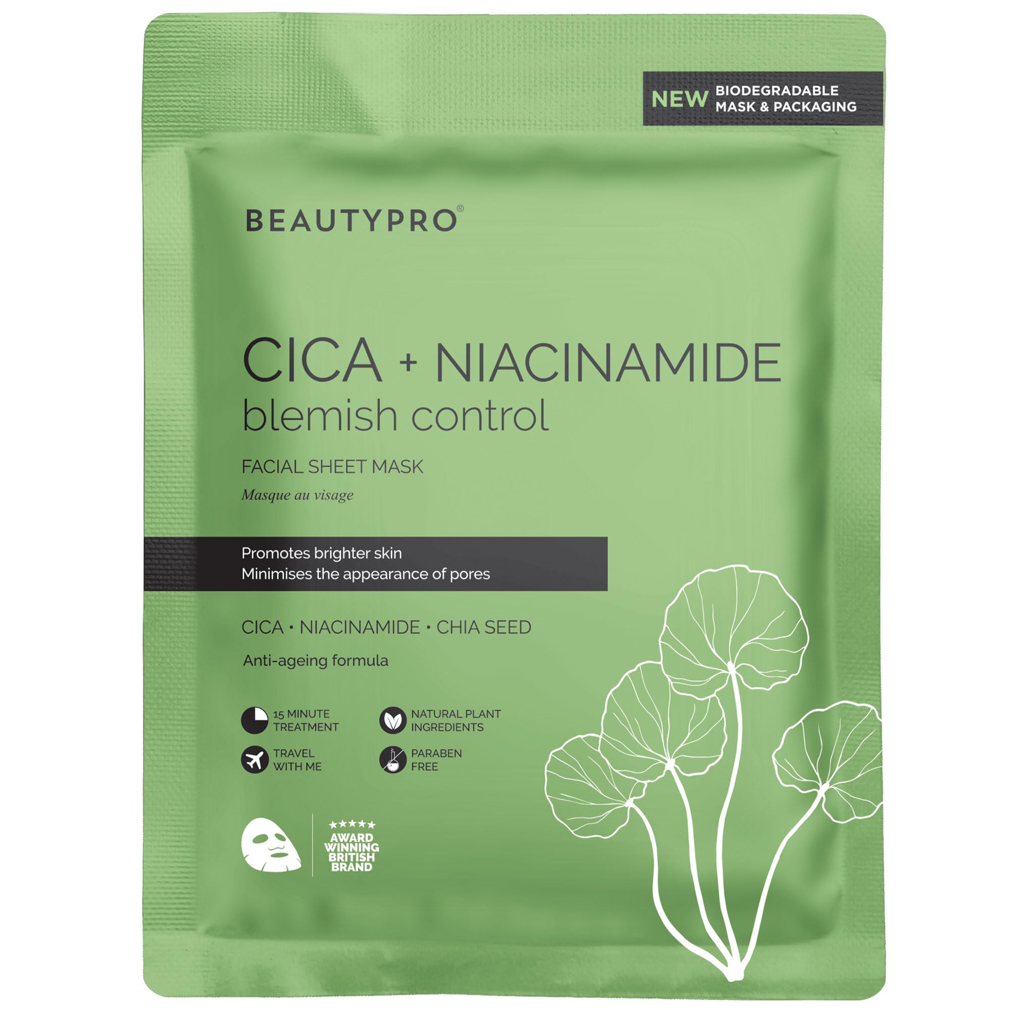 BEAUTYPRO CICA NIACINAMIDE BLEMISH CONTROL Anto-Ageing Face Sheet Mask Oil Control Redness & Pores Hydrating Bamboo Vegan K-Beauty Plant Based 100% Biodegradable Skincare Multi Award Winning Brand