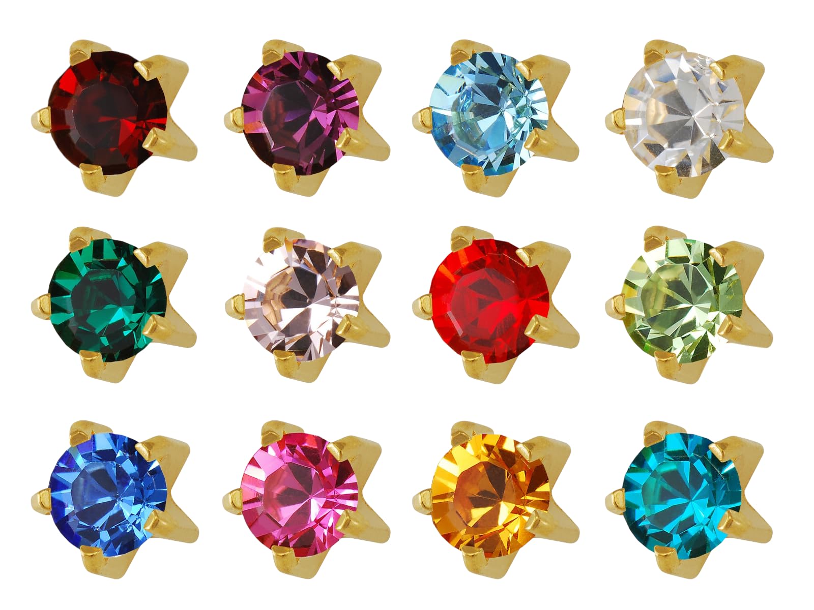 12 Pack of Studex Ear Piercing Birthstones Gold Plated Stud Earrings Regular 4mm Claw Setting