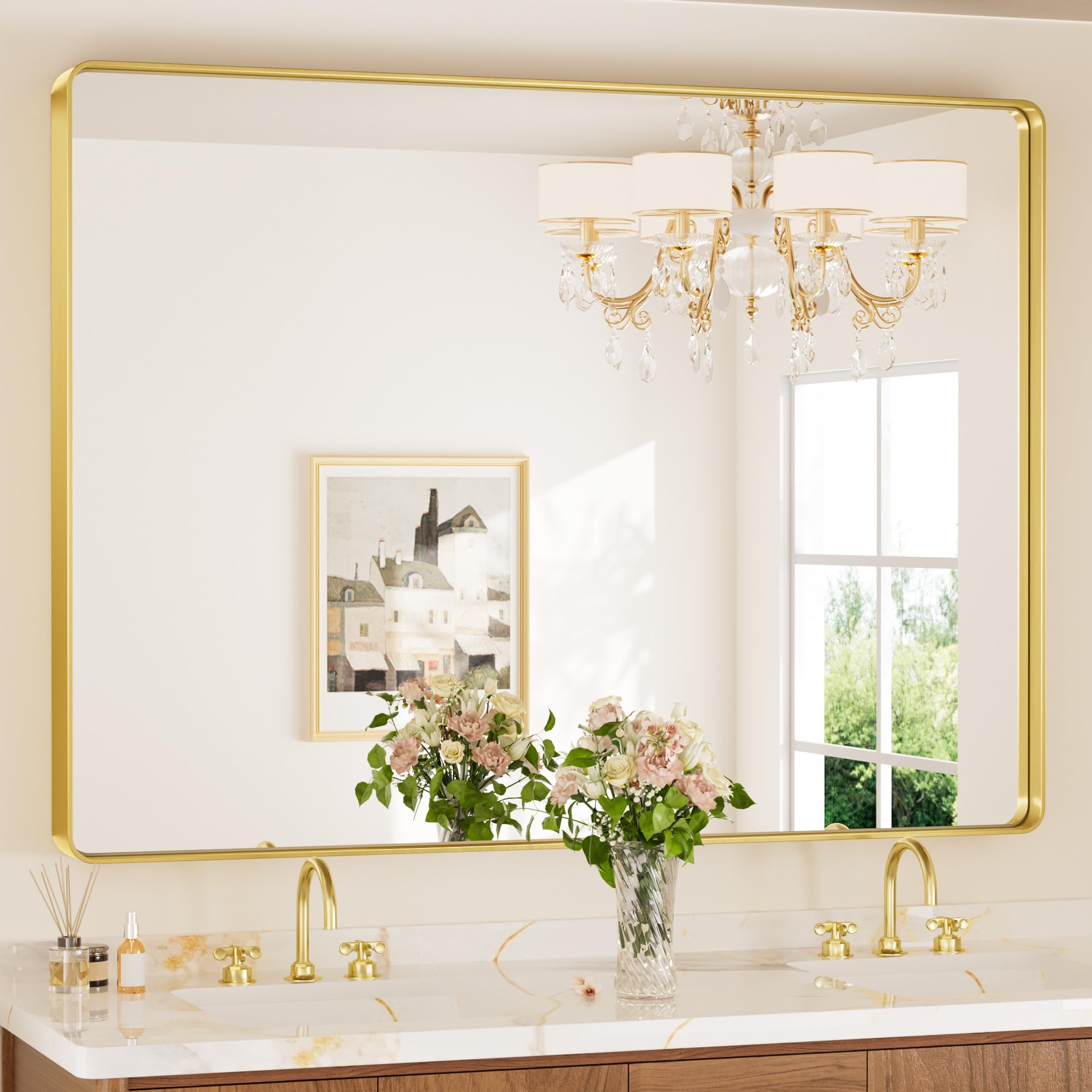 Keonjinn Gold Bathroom Vanity Mirror 48 x 36 Inch Large Rounded ...