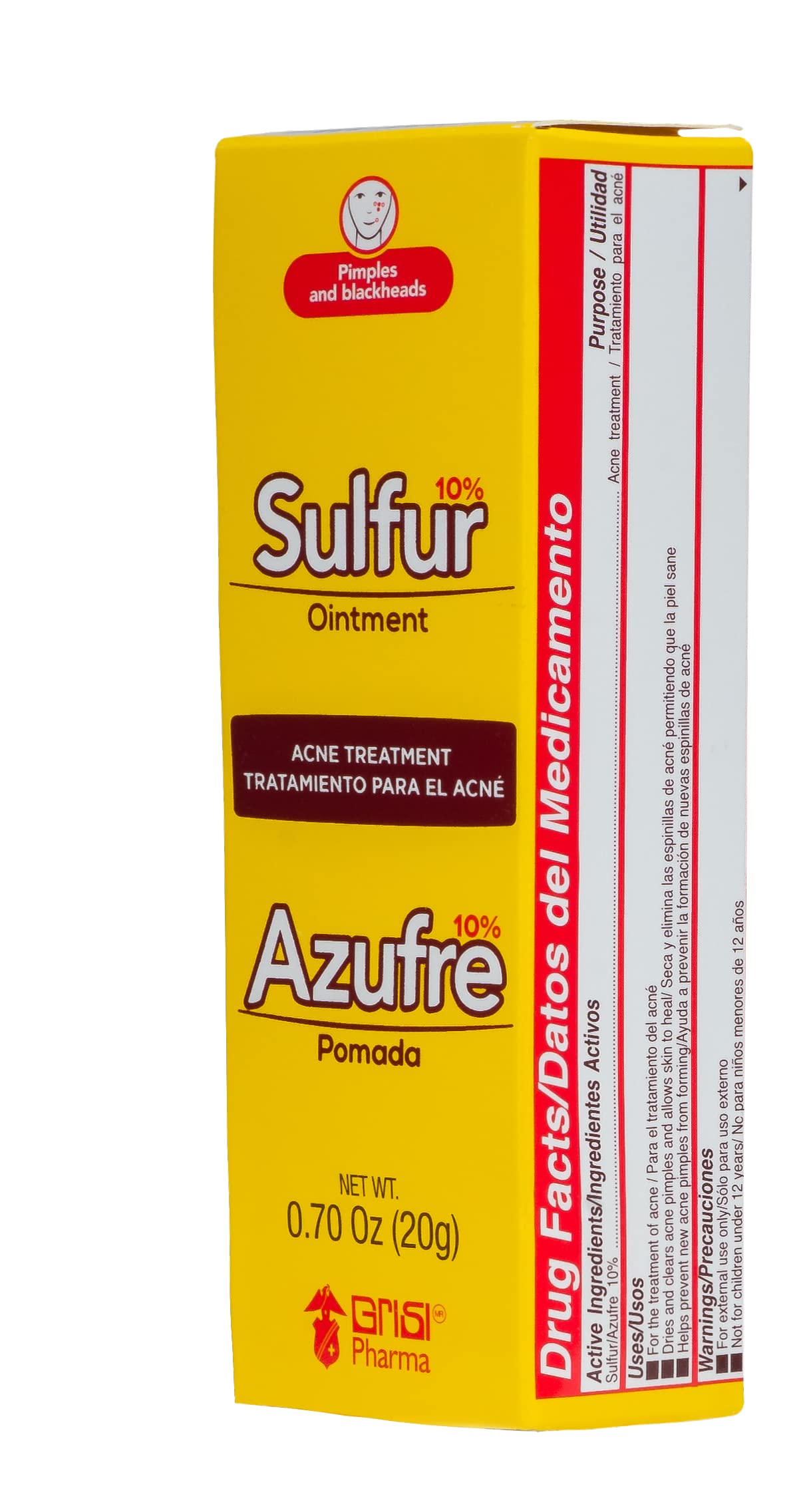 Biosulfur Grisi Acne Treatment: Fights Pimples, Blackheads, Blemishes, Improves Damaged Skin from Acne Scars, Prevents Breakouts, Keeps Pores Clear, Controls Oil, Sulfur Ointment, 0.70 Ounce, 2-Pack