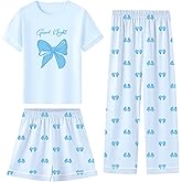 Umeyda Girls Pajamas Set, Cotton Pjs Cartoon Pattern 3PCS Sleepwear Lounge for Kids Size 5-14