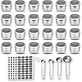 Hanindy 24 Magnetic Spice Tins, 200 Spice Labels, 4 Stainless Steel Measuring Spoons Magnetic Spice Containers Organizer Stor