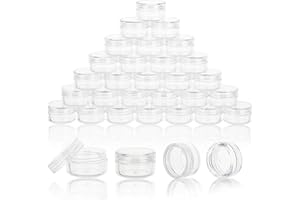 HPPFFY 50 Count 3 Gram Sample Containers, Clear Lip Balm Containers with Lids, Small Plastic Sample Jars with 4 Mini Spoons, 50pcs Labels (Clear Lid)