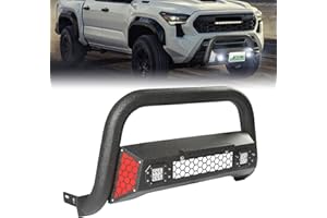 PARTREE Bull Bar Fit for Toyota Tacoma 2024 2025 with LED Light & w/License Plate Bracket DIY Paintable Front Bumper Brush Push Bar Grille Guard Protector