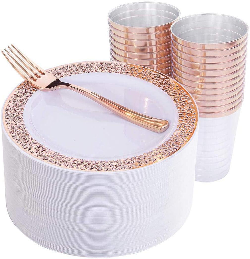 Qiopes 3 Pieces Rose Gold Salad Plates,White Appetizer Plates with Lace Design,10.25" (Forks&Cups Not Included)