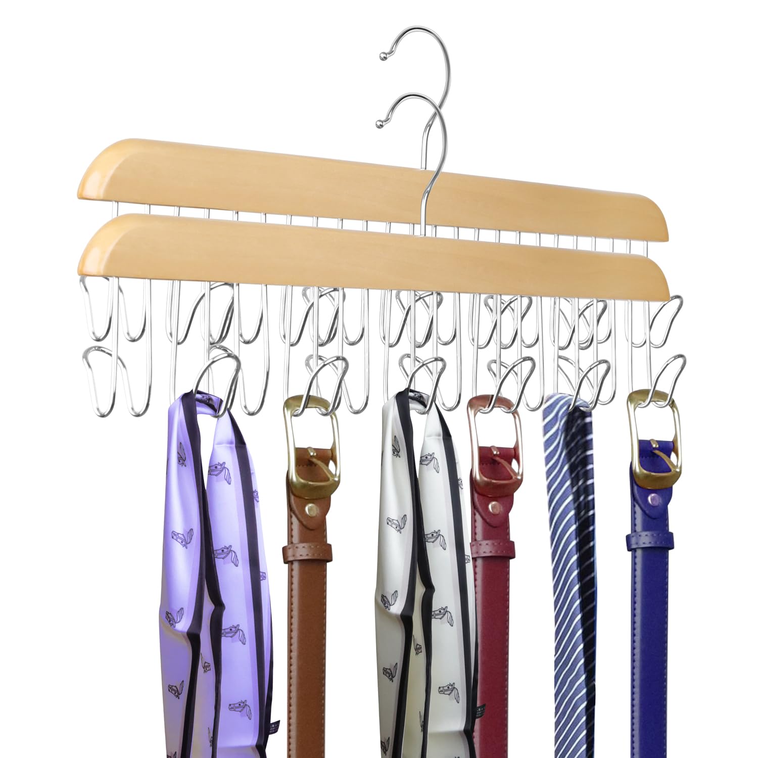 ManGotree Belt Hanger for Closet, Wooden Belt Holder with 12 Hooks, Space Saving Belt Rack, Sturdy Wood Belt Storage Organizer for Belts, Ties, Scarves, Hats, Accessories, 2 Pack (Natural)
