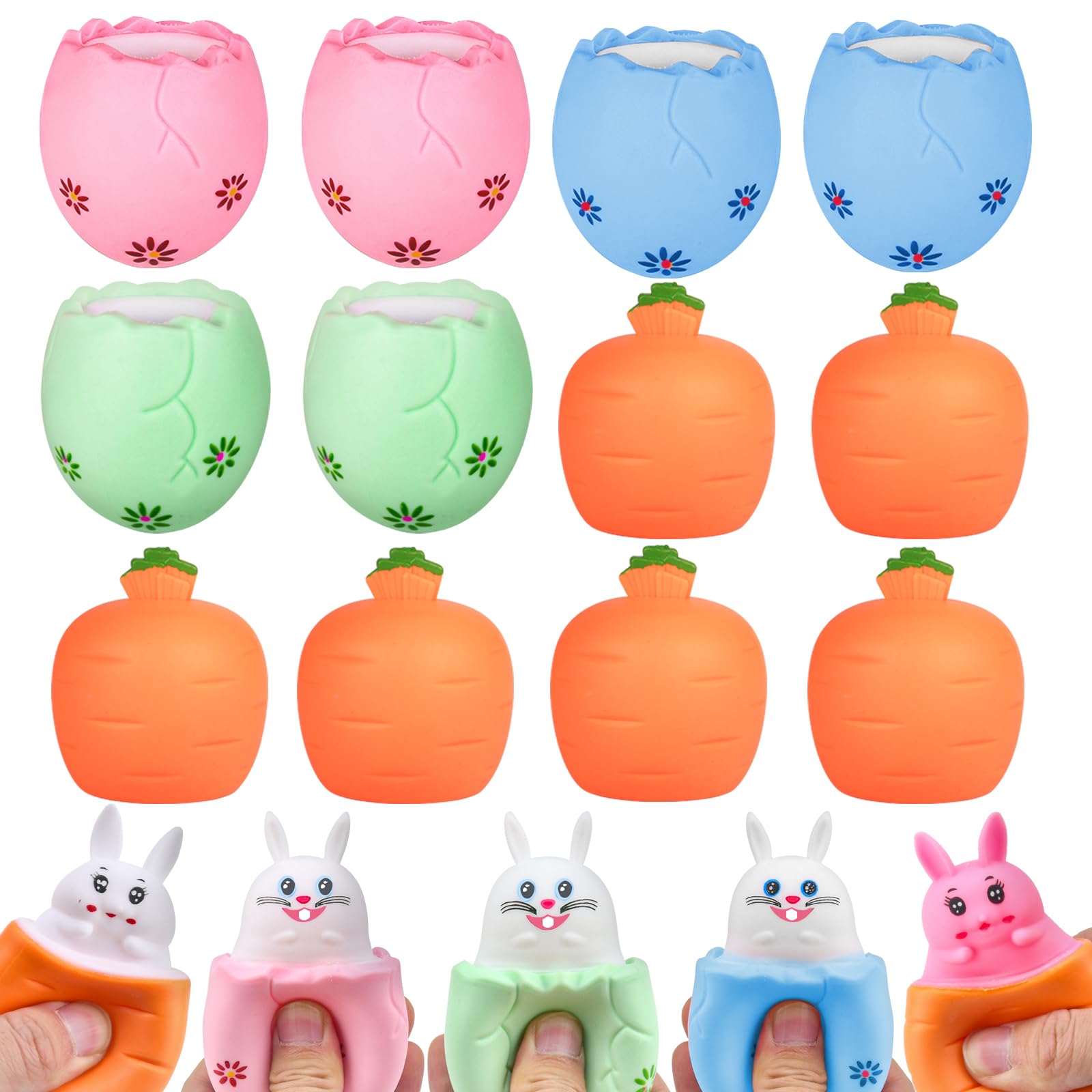 Photo 1 of 12Pcs Easter Eggs Squishy Bunny Squeeze , Cute Rabbits Easter Eggs Carrots, Pop Up Carrot Bunny Stress Relief Squeeze for Easter Gift