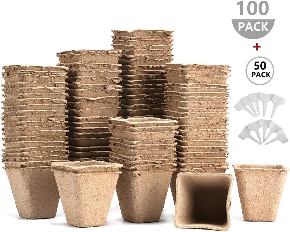 AIXMEET Biodegradable Fibre Pots, 100 Pcs 8cm Fibre Planting Pots for Seedlings with 50 Pcs Plastic Plant labels