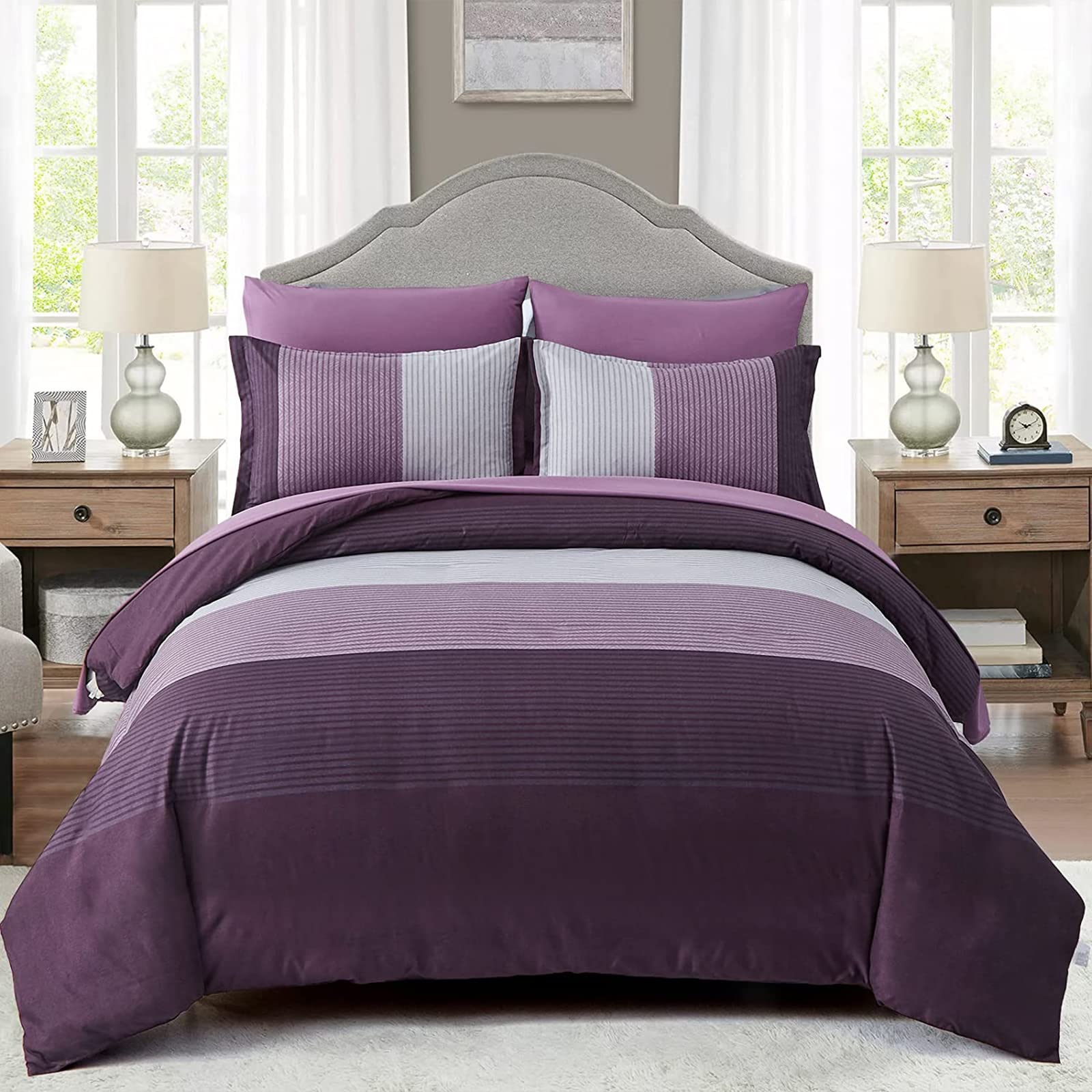 Purple White Striped Bedding Set 3 Pieces Striped Duvet Cover Set Super Soft Microfiber Bedding Set (1 Duvet Cover,2 Pillowcase,Double Size 200x200 cm)