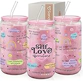 SANDJEST Inspiration Glass Can, Self Love Iced Coffee Aesthetic Cup, Gifts for Christmas Birthday, Gift for Women Girls, 16oz
