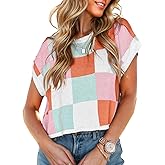 XINWEIZZ Womens Cap Sleeve Tops Trendy Color Block Tank Top Loose Fit Crew Neck Knit Casual Sweater Spring Summer Tops