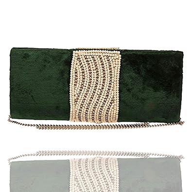 Unibrand Womens Velvet Clutch Stone on golden diamond strap & golden beads Designer Handmade Clutch (Bottle Green) by The Indian Handicraft Store (With Freebie)
