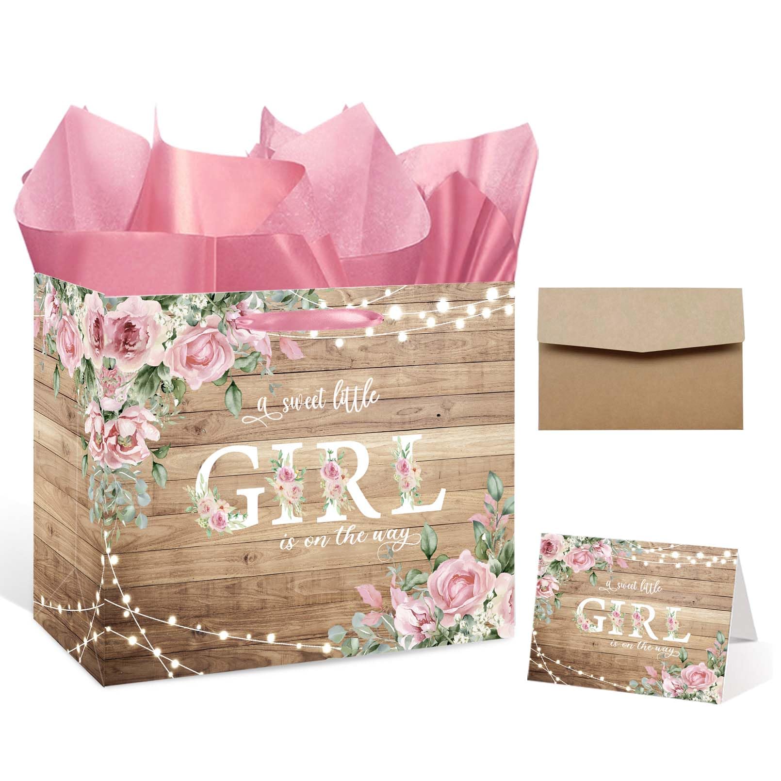 Photo 1 of 13" Large Baby Shower Paper Bag, Floral Sweet Baby Girl Gift Bag with Tissue Paper, Handle, and Greeting Card for Boho Baby Shower or Birthday Gender Reveal Party Favors Decorations Supplies (Pink)