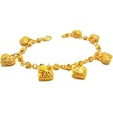Lovely Hearts 23K 24K THAI BAHT YELLOW GOLD Plated Charm Bracelet 7.5 inch Jewelry Women