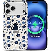 Punmada for iPhone 17 Pro Case for MagSafe,Hard Hybrid Shell Shockproof Silicone Full Body Protective Glossy Case for iPhone 17 Pro Blue Flowerbone Cat Book Pattern