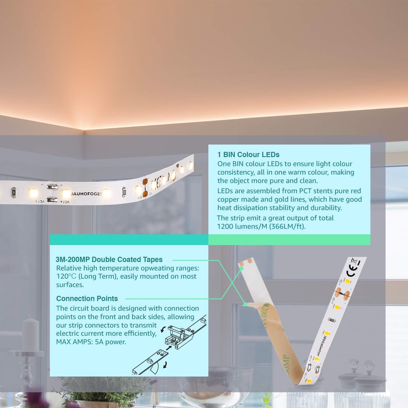 JAUHOFOGEI LED Strip Lights Warm White 12V 5M 6000lm - Image 3