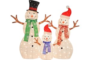 Hykolity 3.5 FT 3D Lighted Outdoor Snowman Family, Set of 3 Light Up Christmas Snowman with 180 Warm White LED Lights for Holiday Decoration, Ground Stakes, Zip Ties