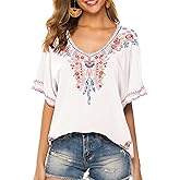 Higustar Mexican Boho Tops for Women Embroidered Shirts Summer Short Sleeve Clothing Plus Size Peasant Tunic Blouse