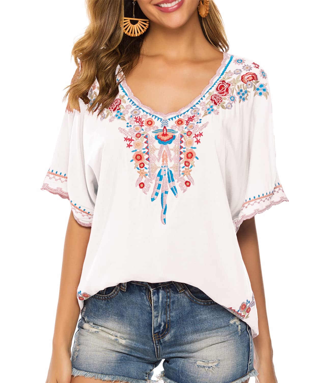 Women's Mexican Embroidered Boho Top - 3/4 Sleeve Peasant Blouse - View #10