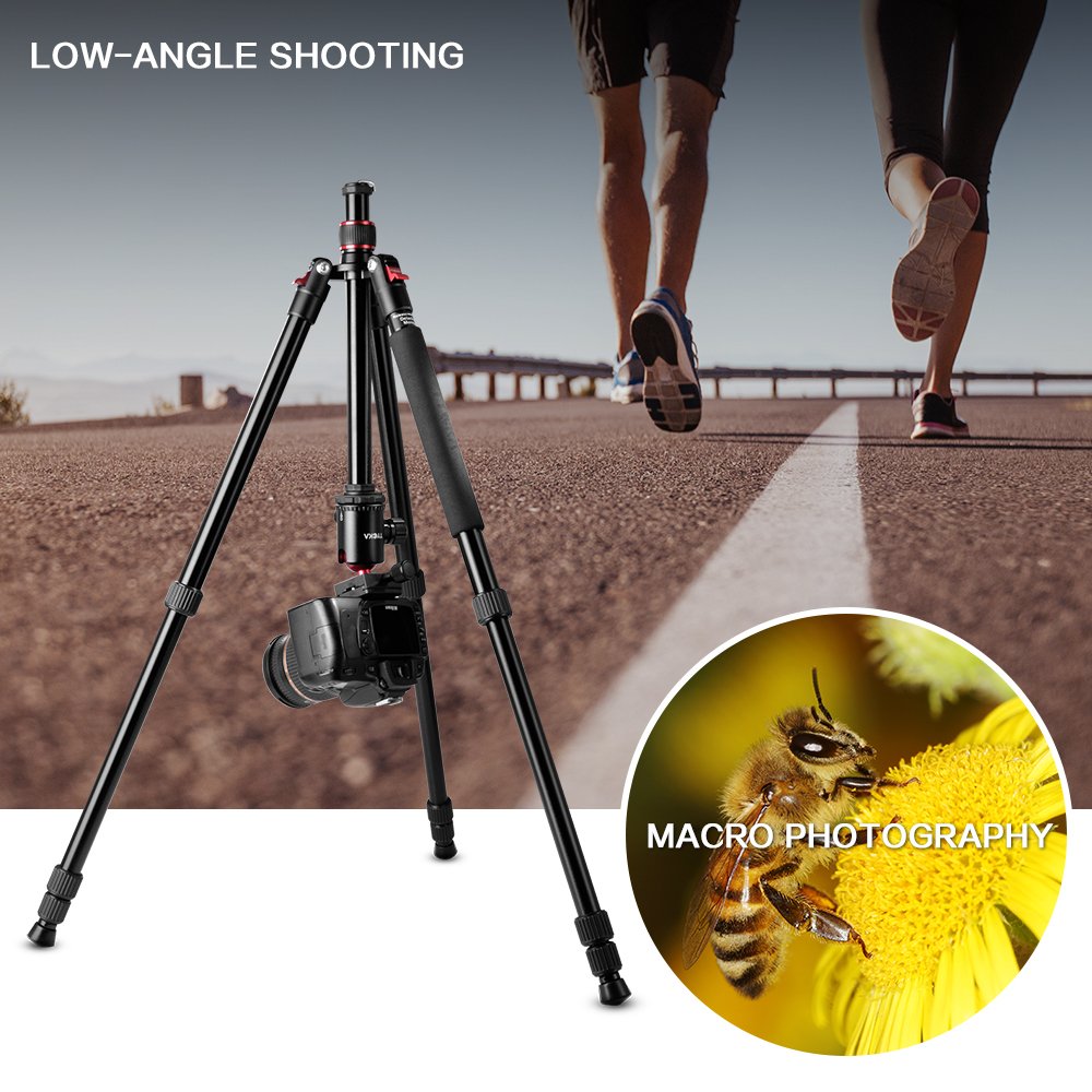 Tycka Trépied Caméra Appareil Photo,Trépied Ultraléger Aluminium 164cm , ,Supporte jusqu\'à 10kg les Caméscopes et Appareils Photo,tête panoramique pivotante (diamètre de 36mm),pour Canon Sony Nikon,avec Sac de Transport, Noir