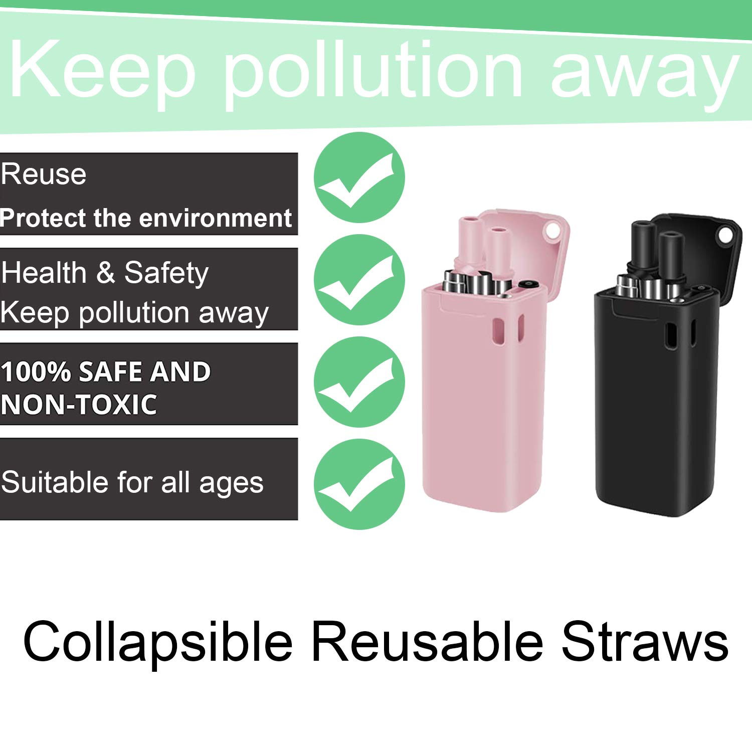 Collapsible Reusable Straws Premium Food-Grade Foldable Silicone Collapsible Straw Stainless Steel Drinking Straws Portable Set with Hard Case Holder and Cleaning Brush