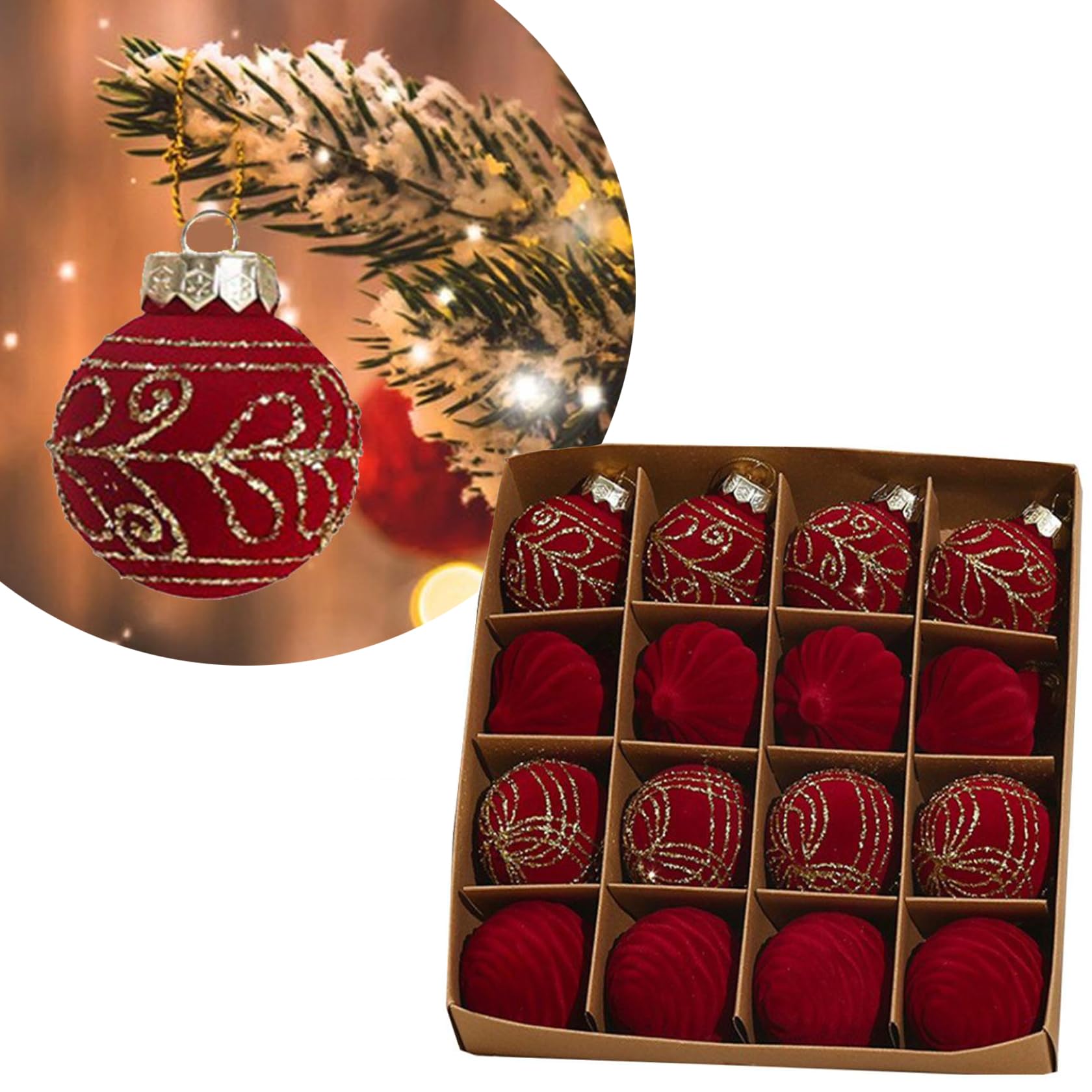 Photo 1 of 16 PCS Velvet Christmas Ball Ornaments Set 2.4 Inches Flocked Hanging Balls for Xmas Tree 4 Styles Plastic Decorative Baubles for Holiday Party Wedding Decor Supplies (Red)