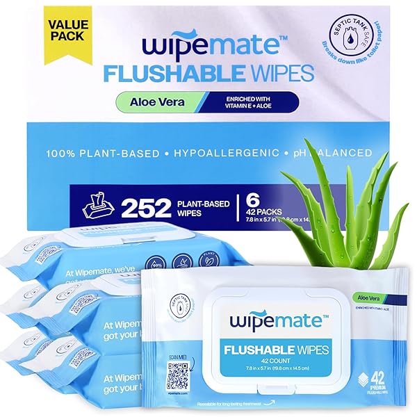WIPEMATE ULTRA FLUSHABLE BUTT WIPES 6 PREMIUM FLIP-TOP PACKS, (252 CT)