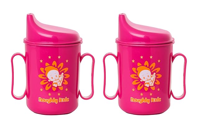 NAUGHTY KIDZ Premium Sipper for Baby with SPOUT and Twin Handle||Easy to Hold with Key TEETHER for Baby to Play (Dark Pink+Dark Pink)