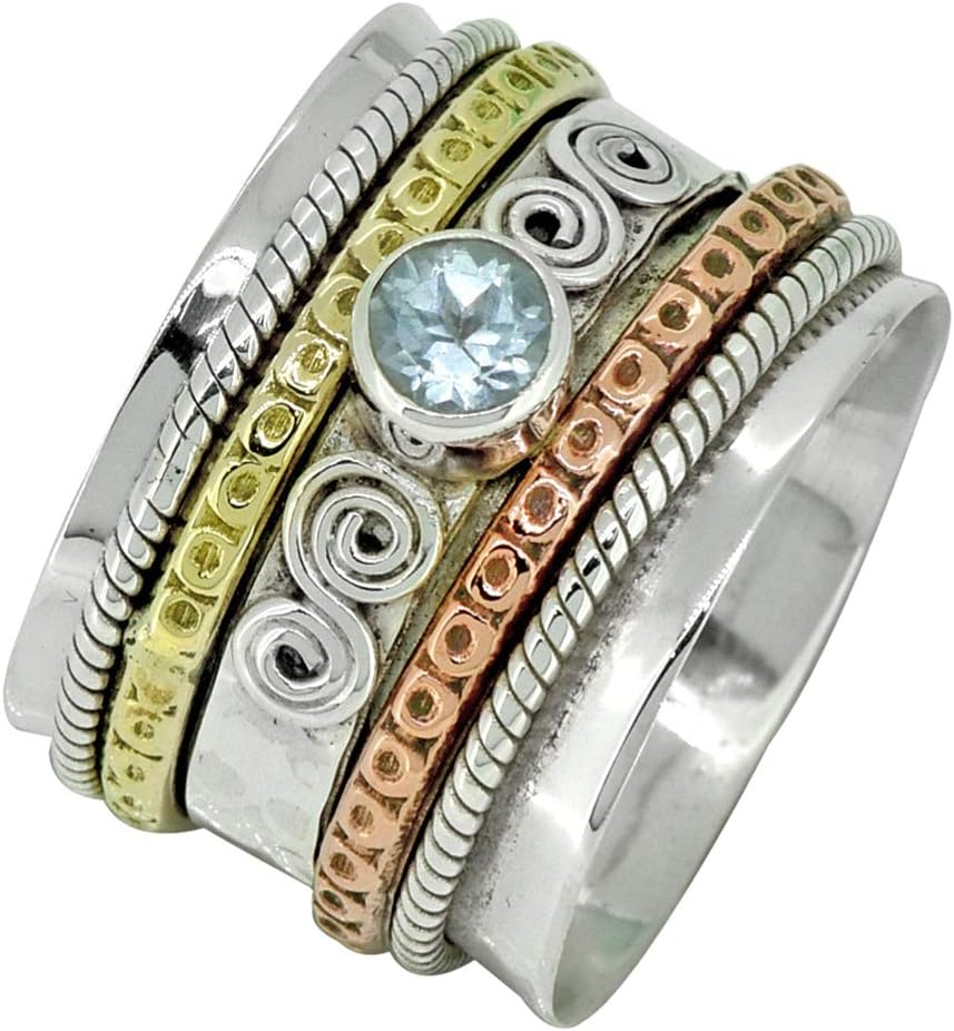 Blue Topaz Solid 925 Sterling Silver Brass & Copper Meditation Spinning Ring