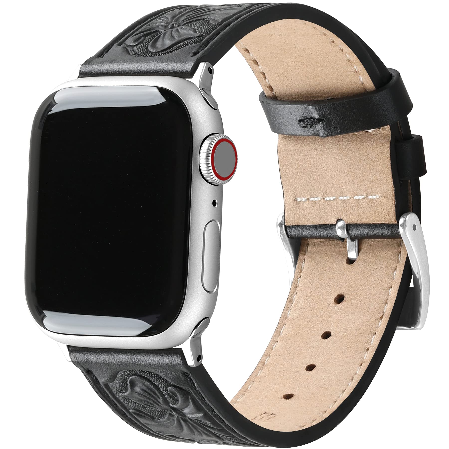 Deeplus for Leather Apple Watch Band 46mm 45mm 44mm 42mm, Black Carved Handmade Bump Retro Genuine Leather Flower Replacement Strap for Men Women Bracelet for Iwatch SE Series 10 9 8 7 6 5, Black/Silver