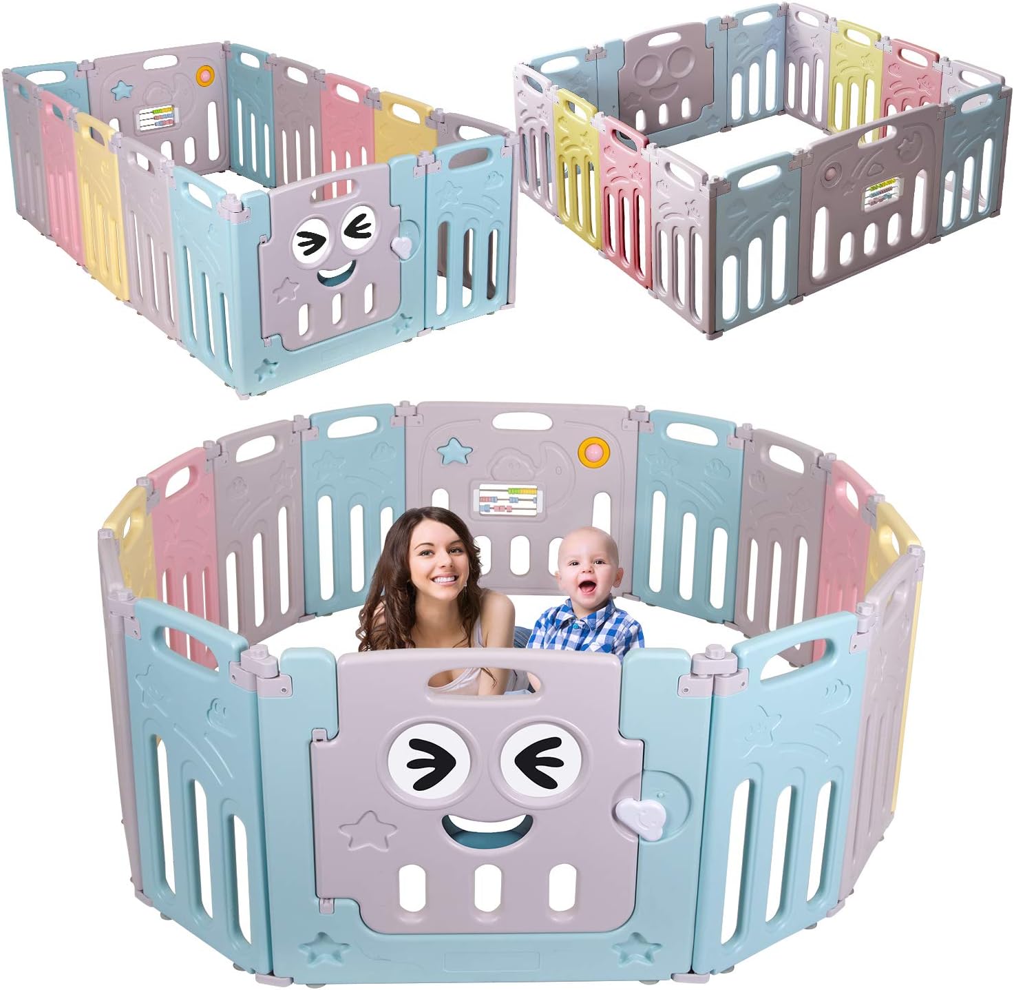 Baby Playpen Foldable 14 Panel Fence Activity Center Safety Playard with Lock Door, Kids Activity Centre Safety Portable Play Yard Home Indoor Outdoor