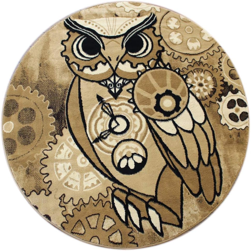 Masada Rugs, Steampunk Style Area Rug Owl Gears Design (4 feet x 4 feet, Round, Beige)